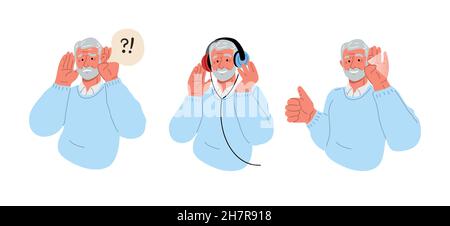 L'uomo anziano è sordo.l'anziano sta indossando le cuffie e fa un test uditivo.Retiree è stato guarito.esame uditivo per anziani.Vector flat illustrratio Illustrazione Vettoriale