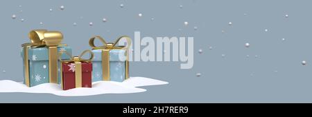 Confezioni regalo con pacchetto natalizio su neve con spazio per la copia. immagine 3d Foto Stock