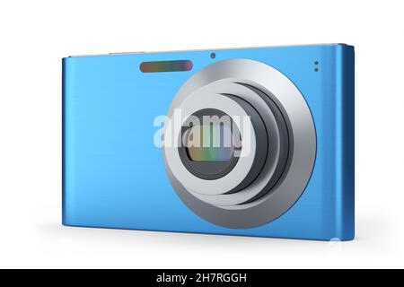 Elegante fotocamera digitale tascabile compatta blu isolata su sfondo bianco. Concetto di destinazione di viaggio in vacanza con rendering 3D Foto Stock