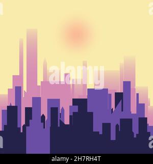 Silhouette della città sera nel sole tramonto. Colore giallo viola. Paesaggio urbano in stile piatto. Silhouette di edifici città vettore Illustrazione Vettoriale