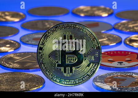 Varie criptovalute, monete di simboli, segnaposto ottico per valuta digitale, blockchain, Bitcoin, Ripple, Ethereum, Shiba Inu, EOS, Litecoin, Mon Foto Stock