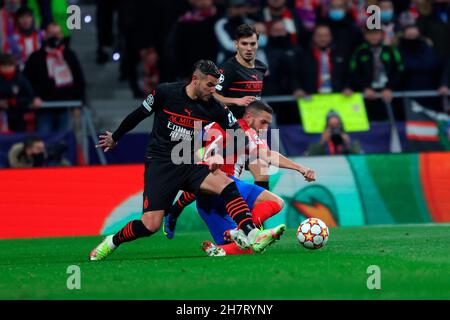 Madrid, spagnolo. 24 novembre 2021. Madrid, Spagna; 24.11.2021.- Atlético de Madrid vs Milano 5 partite della Round Champions League che si tengono al Wanda Metropolitan di Madrid. Punteggio finale 0-1 Messias 7' Credit: Juan Carlos Rojas/Picture Alliance/dpa/Alamy Live News Foto Stock