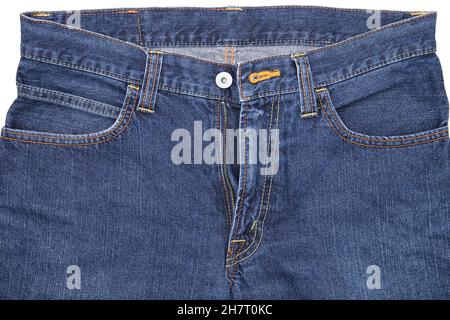 Pantaloni jeans davanti con tasche e mosca, sfondo jeans, motivo denim Foto Stock