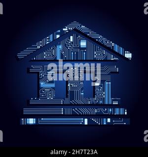 Icona Bank compilata dal circuito elettronico. Concetto di banca digitale per il servizio di banca digitale. Sfondo blu e sfumato. Illustrazione Vettoriale