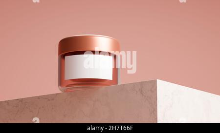 Un vasetto di crema mockup su piedistallo in marmo su sfondo rosa, mockup per la cura della pelle. rendering 3d, illustrazione 3d Foto Stock