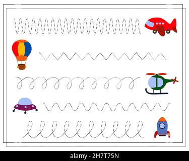 Un gioco di pratica di scrittura per i capretti, scorri attraverso i punti. Giocattoli auto, aeroplano, elicottero. Vettore Illustrazione Vettoriale