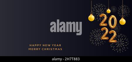 felice anno nuovo e buon natale. 2022 colore dorato. Felice anno nuovo e allegro sfondo natalizio con spazio copia. Illustrazione Vettoriale