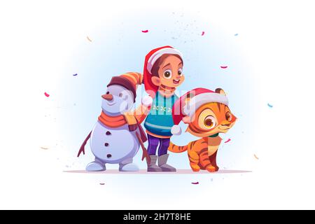 Poster di Natale con ragazza carina, pupazzo di neve e tigre in cappello rosso Babbo Natale. Illustrazione vettoriale del cartone animato del bambino con l'uomo della neve e il gattino divertente celebrano il nuovo anno e le vacanze invernali Illustrazione Vettoriale