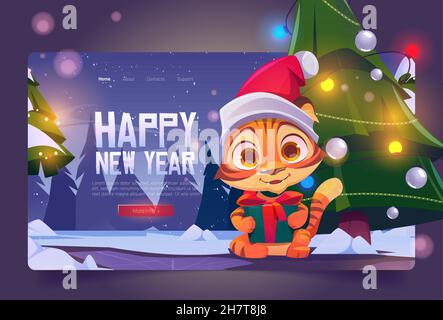 Happy New Year cartoon landing page. Carino personaggio tigre in Babbo Natale cappello con scatola regalo vicino albero decorato. Cucciolo selvatico divertente kitten animale, kawaii 2022 cinese zodiaco simbolo, illustrazione vettoriale Illustrazione Vettoriale