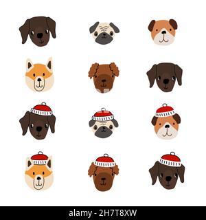 Set di teste animali carine. Cani volti in Natale cappelli inverno. Labrador Retriever, cucciolo di barbolo, bulldog, akita inu, pug. Illustrazione vettoriale isolata Illustrazione Vettoriale