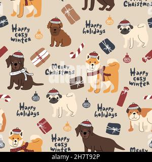 Modello senza cuciture di cani in inverno maglia rosso bianco cappelli e sciarpe, lettere, regali. Labrador Retriever, cucciolo di barbolo, bulldog, akita inu, pug Illustrazione Vettoriale
