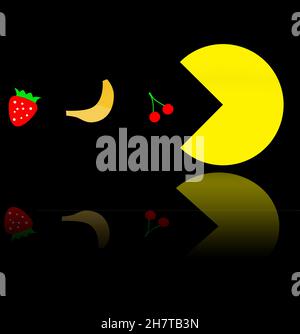 Vegetariano PAC-Man mangiare frutta, famoso video gioco tema illustrazione. PAC man riflette nel mirror Foto Stock