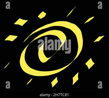 Il sole vettoriale giallo abbozzato è isolato su sfondo nero Illustrazione Vettoriale