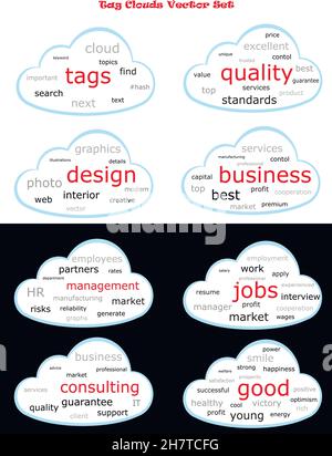 Set vettoriale di diverse nuvole di tag isolate su sfondi bianchi e neri Illustrazione Vettoriale