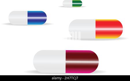 Pillole colorate e farmaci isolati su sfondo bianco, pillole mediche e tablet icone vettore illustrazione set, vista in prospettiva Illustrazione Vettoriale