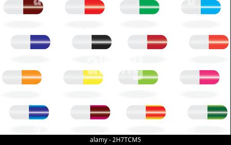 Pillole colorate e farmaci isolati su sfondo bianco, pillole mediche e tablet icone vettore illustrazione set Illustrazione Vettoriale