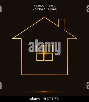 Casa in affitto vettore icona, isolato su sfondo nero. Casa in affitto o casa in vendita, immobiliare incandescente icona illustrazione Illustrazione Vettoriale