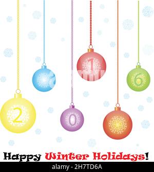 Palle buone feste di Capodanno con fiocchi di neve illustrazione vettoriale isolato su sfondo bianco. Capodanno 2016, buone vacanze invernali Illustrazione Vettoriale