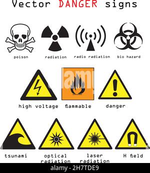 Illustrazione vettoriale dei segni di pericolo e di avvertenza isolata su sfondo bianco Illustrazione Vettoriale