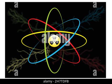 Simbolo dell'atomo. Icona vettore atomo con un segno di radiazione, un fulmine e un aumento di energia isolato su uno sfondo nero. Concetto di alta tensione Illustrazione Vettoriale