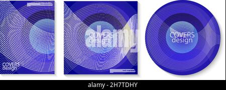 Copre i modelli di progetto. Coperchio quadrato, coperchi sferici. Le illustrazioni vettoriali per tre forme diverse coprono isolate su sfondo bianco. Geometrico Illustrazione Vettoriale