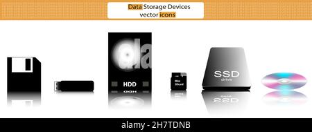 Dispositivi di memorizzazione dati (cd, memory stick usb, floppy disk, ssd, scheda sd, hd) icone vettoriali Illustrazione Vettoriale