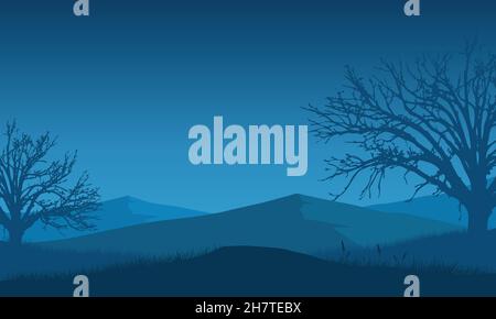Panorama delle montagne con una fantastica silhouette di alberi secchi dalla campagna di notte. Illustrazione vettoriale di una città Illustrazione Vettoriale