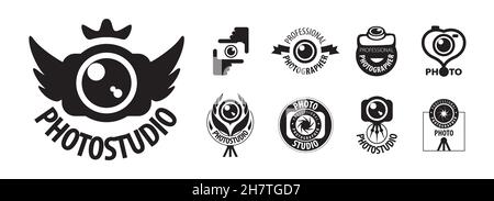 Un set di logo vettoriali per fotografi su sfondo bianco Illustrazione Vettoriale