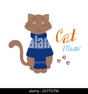 Gatto carino in un maglione invernale. Illustrazione vettoriale di cartoon flat Illustrazione Vettoriale