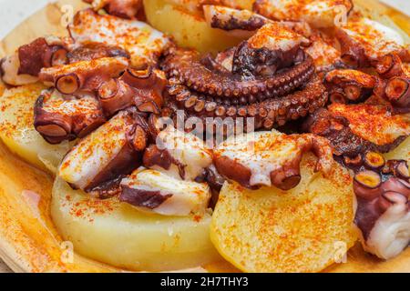 Primo piano di polpo fritto e patate bollite con paprika sul piatto in un ristorante Foto Stock