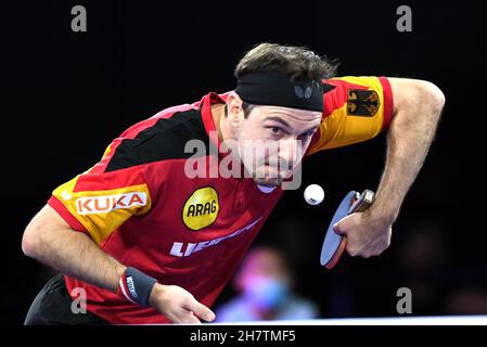 Houston. 24 novembre 2021. Timo Boll della Germania serve durante il singolo maschile round di 64 partita tra Timo Boll della Germania e Zhou Qihao della Cina alle finali dei Campionati mondiali di tennis da tavolo 2021 a Houston, gli Stati Uniti il 24 novembre 2021. Credit: WU Xiaoling/Xinhua/Alamy Live News Foto Stock