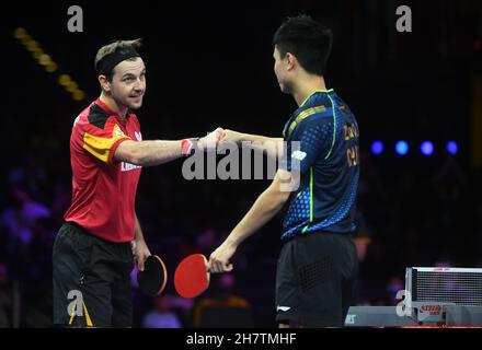 Houston. 24 novembre 2021. Timo Boll (L) della Germania saluta Zhou Qihao della Cina dopo il singolo turno maschile di 64 match tra Timo Boll della Germania e Zhou Qihao della Cina alle finali dei campionati mondiali di tennis da tavolo 2021 a Houston, gli Stati Uniti il 24 novembre 2021. Credit: WU Xiaoling/Xinhua/Alamy Live News Foto Stock