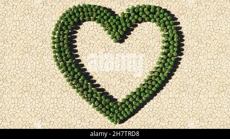 Concetto o gruppo concettuale di albero verde di foresta su sfondo asciutto, come icona. 3d illustrazione metafora per amore, popolare, alla moda, salute Foto Stock