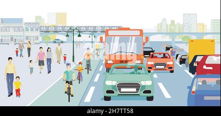 Città con autobus e ciclisti e traffico, illustrazione Illustrazione Vettoriale