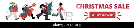 Banner lungo per le vacanze e la vendita di natale con button.Men e le donne funzionano con le borse e carrello, i regali imballati e albero di Natale.Vector flat illu Illustrazione Vettoriale