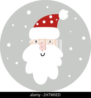 Vettore disegnato a mano Babbo Natale volto sorridente. Divertente allegra illustrazione di Natale per biglietto d'auguri, borsa isolata su sfondo grigio con neve Illustrazione Vettoriale