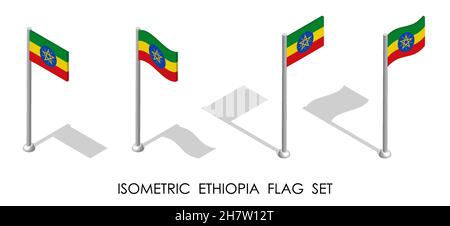 Bandiera isometrica DELL'ETIOPIA in posizione statica e in movimento sul flagpole. vettore 3d Illustrazione Vettoriale