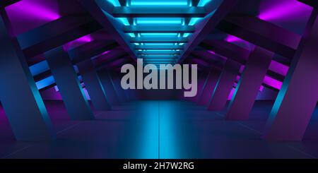 Vuoto Dark garage fabbrica Stage Room. Architettura astratta futuristica Urban Tunnel Corridoio sfondo. Grande Hall Hangar Arcjitectural interno retro Foto Stock