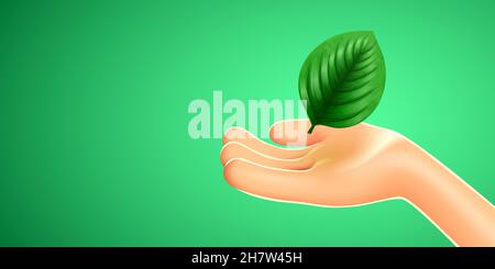 Cartoon mano che tiene verde foglia. Ecologia e concetto di vita sana. Illustrazione vettoriale Illustrazione Vettoriale