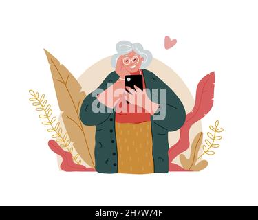 Una vecchia donna è in piedi e tenendo un telefono cellulare nelle sue mani.è mossa da ciò che vede sul telefono.persone senior utilizzando smart devices.Video chat. Illustrazione Vettoriale