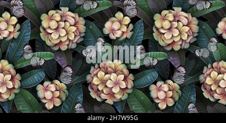 Mazzi di fiori in Plumeria, motivo tropicale senza cuciture. Illustrazione esotica vintage, effetto 3d, design d'arte, sfondo. Sfondi, poster di lusso Foto Stock
