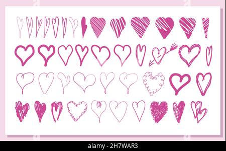Cuori grande collezione. Cuori disegnati a mano. Clipart per San Valentino. Illustrazione vettoriale isolata su sfondo bianco Illustrazione Vettoriale