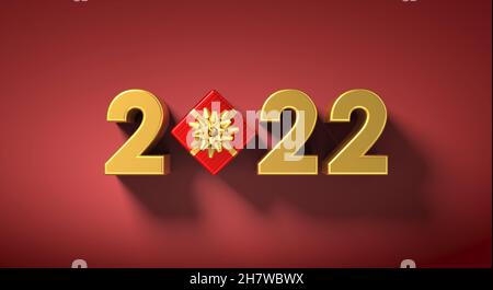 2022 testo con regalo su sfondo rosso - rendering 3D Foto Stock