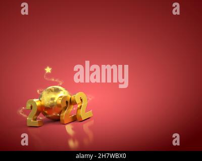 2022 testo con regalo su sfondo rosso - rendering 3D Foto Stock