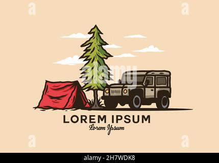 Disegno di illustrazione del campeggio dell'automobile colorato Illustrazione Vettoriale