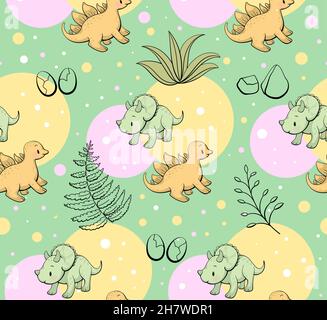 Modello senza cuciture con simpatico dinosauro. Stegosaurus e triceratops in stile kawaii. Vettore Illustrazione Vettoriale