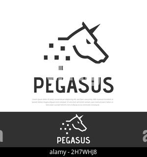 Pegasus unicorn testa di cavallo linea di logo style.Horse testa modello di disegno, simbolo, icona illustrazione Illustrazione Vettoriale