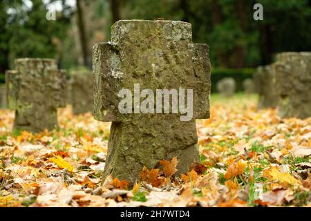 croci di pietra tra colorate foglie autunnali in un cimitero di soldati in germania Foto Stock