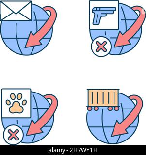 Regole del servizio di spedizione internazionale icone a colori RGB impostate Illustrazione Vettoriale