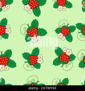 Il modello è composto da attributi di un giardino e bosco estivo e autunnale, fragole con foglie e fiori. Adatto alla natura, all'estate, Illustrazione Vettoriale